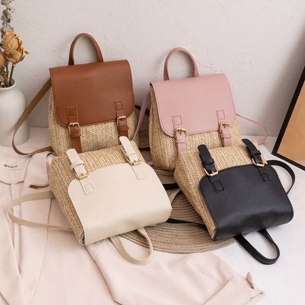Leather Backpack Vintage - Modny plecak ze słomy i skóry